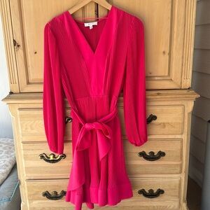 NWOT MILLY Women Liv Pleated Tie-Waist Long Sleeve V-Neck Pink Mini flare Dress